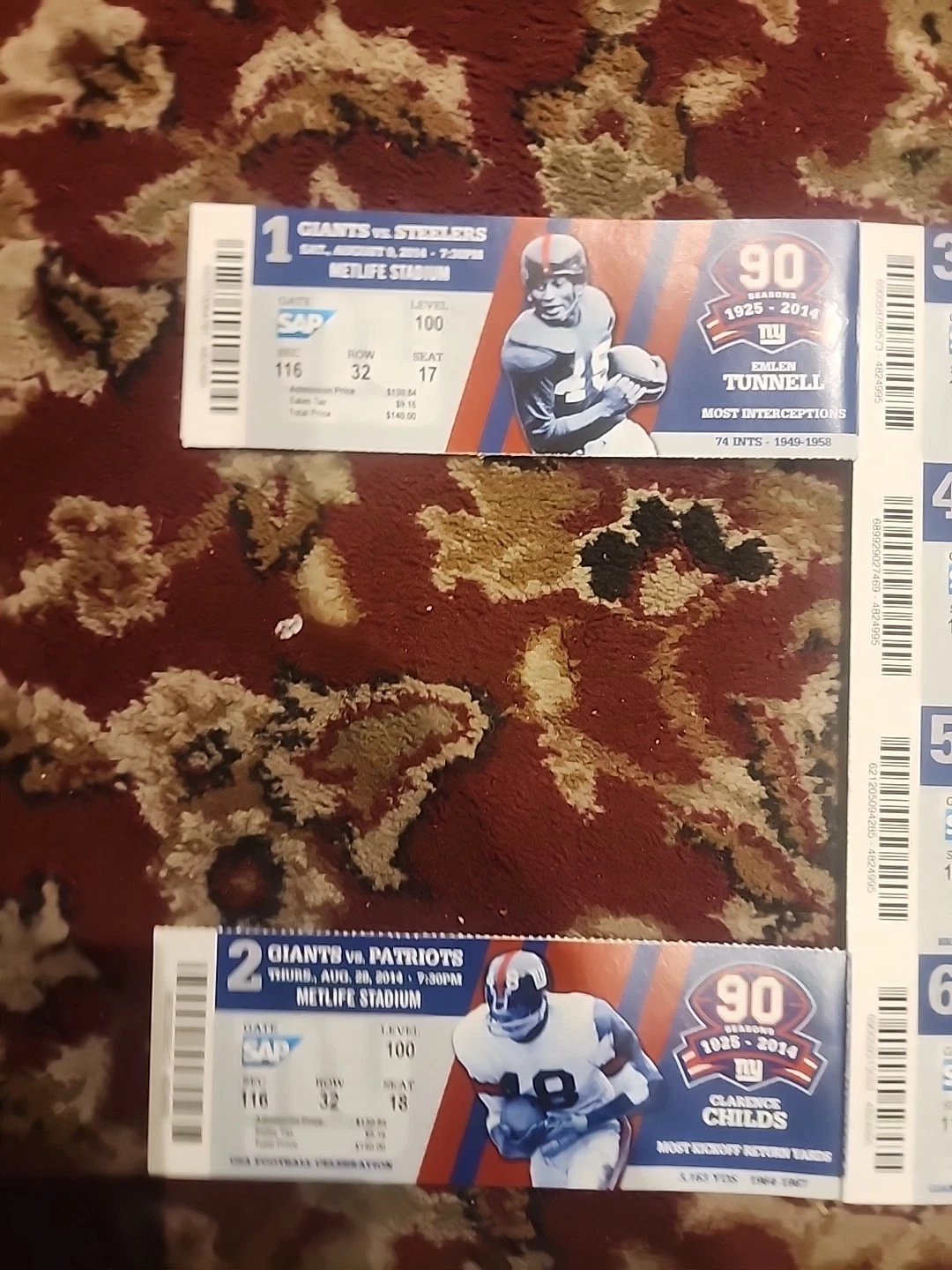 NEW YORK GIANTS Uncut Sheet Full Set Of Swason Ticket Stubs From 2014. Mint