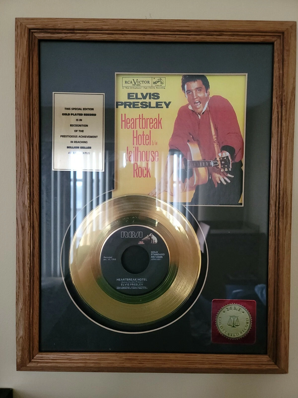 Elvis Presley Framed 24k Gold Plated 45 Record Heartbreak Hotel/Jailhouse Rock