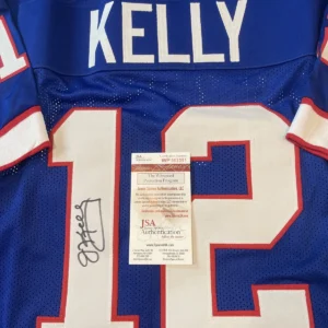 Autographed/Signed JIM KELLY Buffalo Blue Football Jersey JSA COA Auto