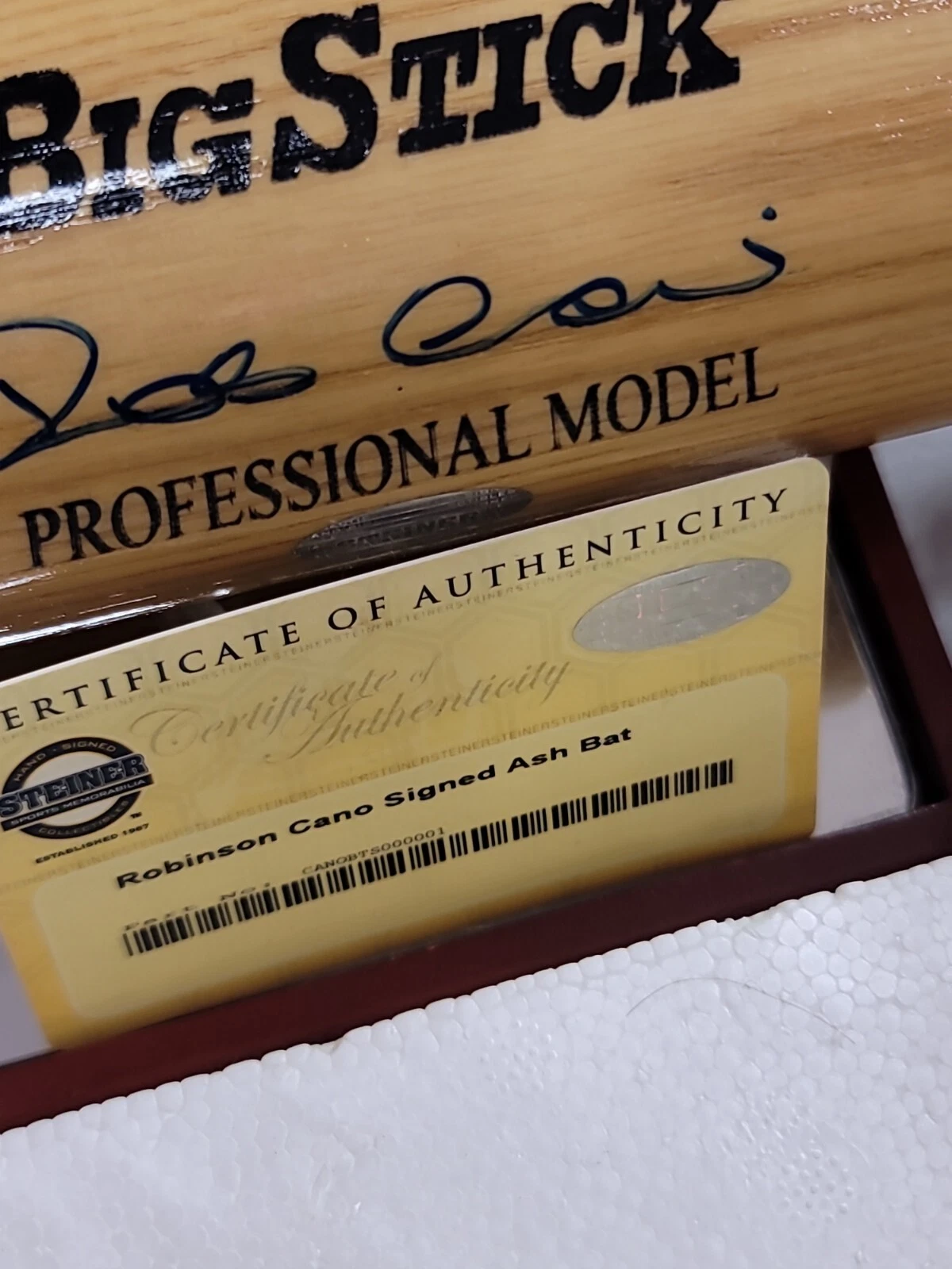 Robinson Cano signed Big Stick bat- with Steiner COA Glass case