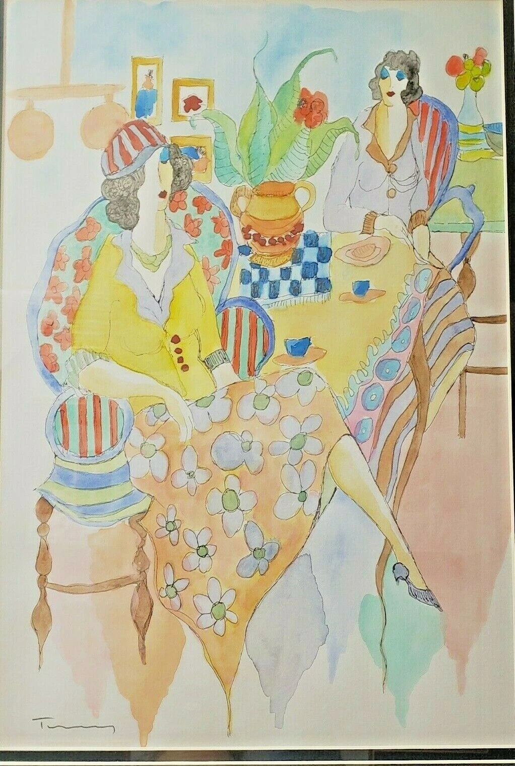 Tarkay Original Watercolor "Afternoon Tea" - Image 2