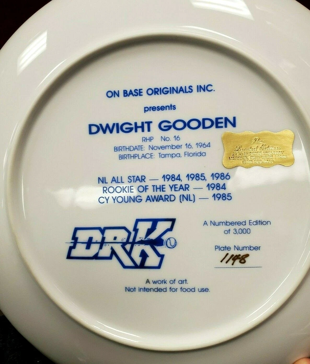 Dwight "Doc" Gooden Hand Signed 10" Rare Dr.K Collector's Plate #1148/3000 - Image 5