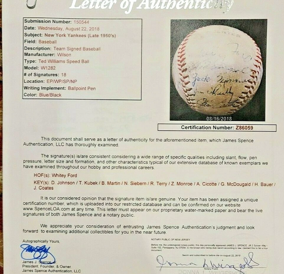 1956 NEW YORK YANKS WORLD SERIES CHAMPS signed Ted Williams ball,JSA - Image 8