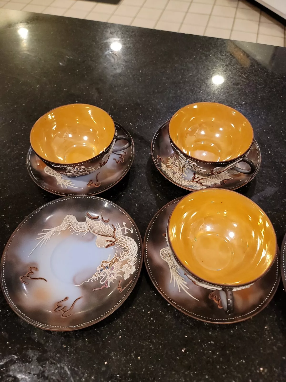 Vintage Takito Japanese Moriage Tea Set Teapot Cream Sugar 3 Cups 4 Saucers - Image 8