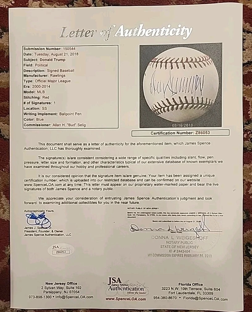 DONALD TRUMP 45th PRESIDENT HAND SIGNED AUTOGRAPHED MLB BASEBALL JSA cert. - Image 4