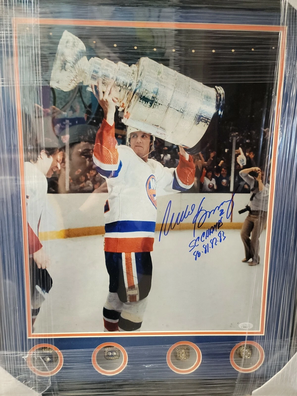 Mike Bossy Signed INS stat photo framed Autograph w/ Rings - JSA - Image 2